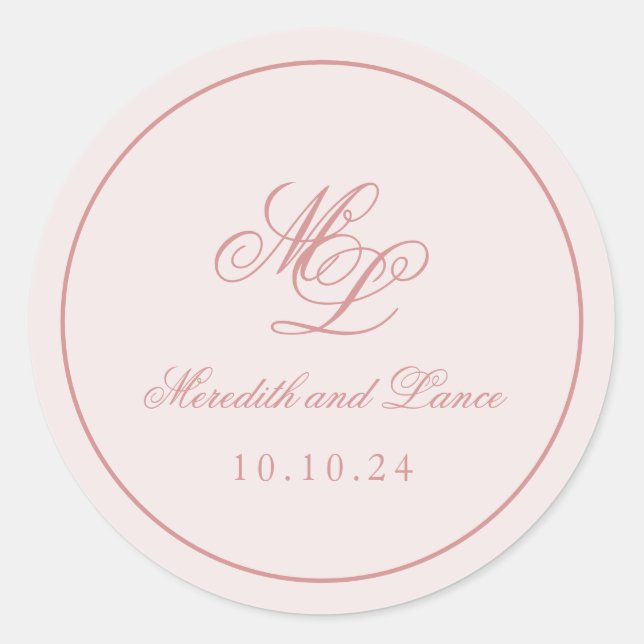 Elegant Simple Pink Monogram Classic Round Sticker (Front)