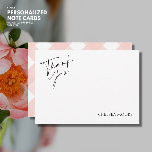 Elegant Simple Pink Monogram Gingham Thank You Card (Creator Uploaded)
