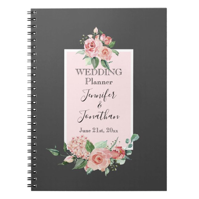 Elegant Simple Pink Roses on Gray Wedding Planner Notebook (Front)