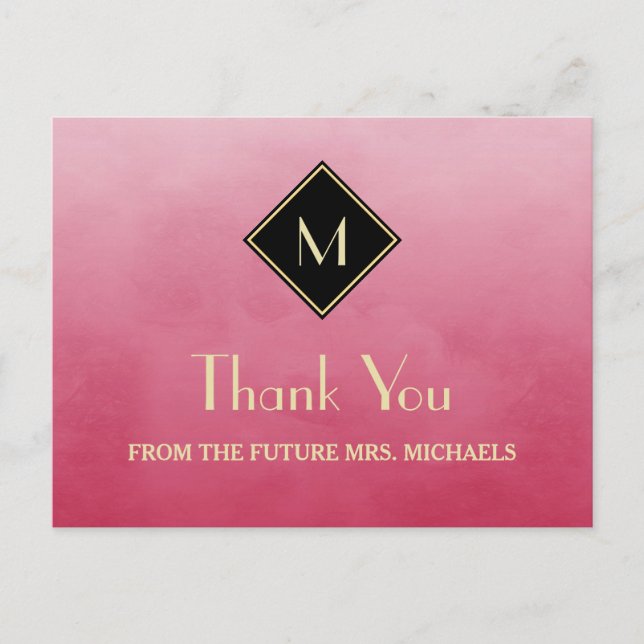 Elegant Simple Pink With Gold Monogram Thank You Postcard (Front)