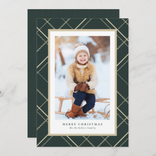 Elegant simple plaid one photo green Christmas Holiday Card