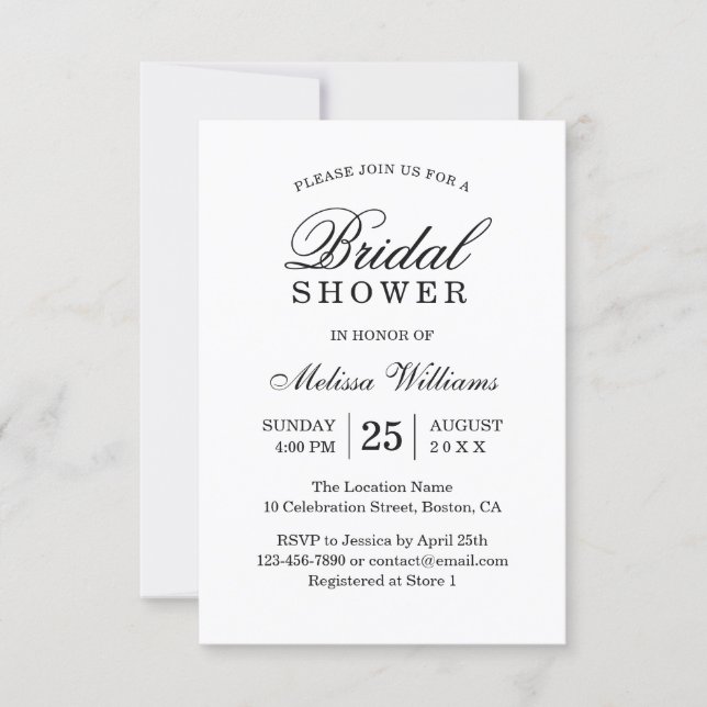 Elegant Simple Plain Black and White Bridal Shower Invitation (Front)