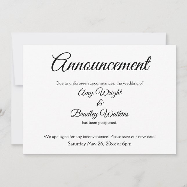 Elegant, Simple Postponed Wedding Announcement (Front)
