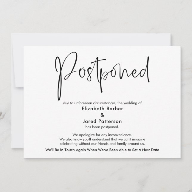 Elegant Simple Postponed Wedding Announcement Card (Front)