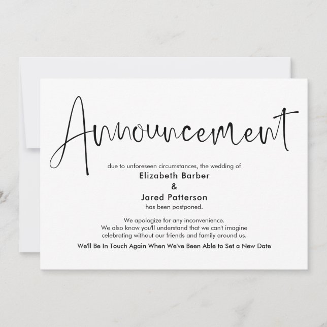 Elegant Simple Postponed Wedding Announcement Card (Front)