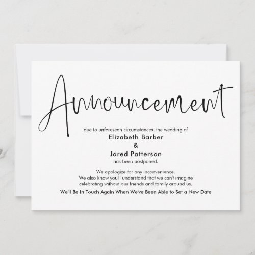Elegant Simple Postponed Wedding Announcement Card