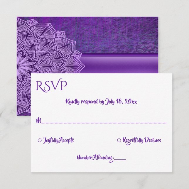 Elegant Simple Purple Calligraphy Mandala Wedding RSVP Card (Front/Back)