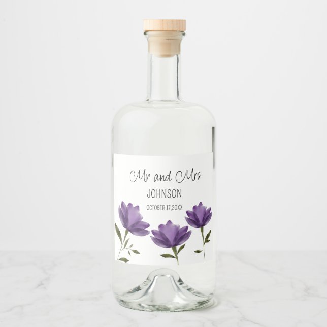 Elegant simple purple white botanical  floral  liquor bottle label (Front)