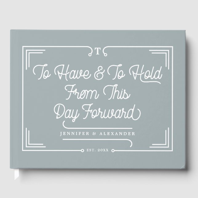 Elegant Simple Quote Dusty Blue Wedding Guest Book (Front)