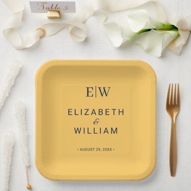 Elegant Simple Ray Flower with Monogram Wedding Paper Plates (Wedding)