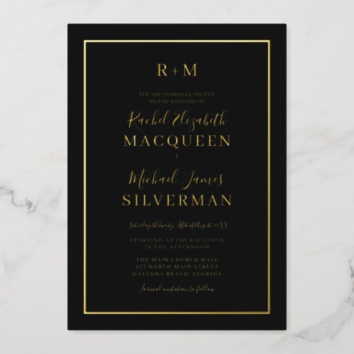 Elegant Simple Real Gold Border Black Wedding Foil Invitation