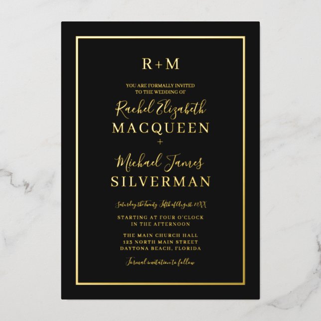 Elegant Simple Real Gold Border Black Wedding Foil Invitation (Front)