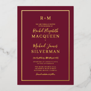 Elegant Simple Real Gold Border Burgundy Wedding Foil Invitation