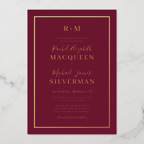 Elegant Simple Real Gold Border Burgundy Wedding Foil Invitation