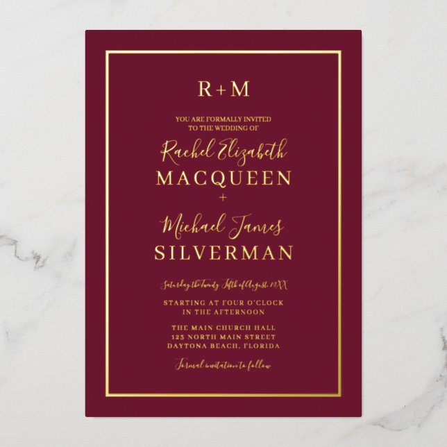 Elegant Simple Real Gold Border Burgundy Wedding Foil Invitation (Front)