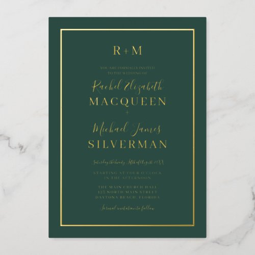 Elegant Simple Real Gold Border Green Wedding Foil Invitation