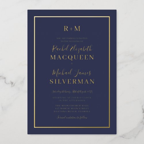 Elegant Simple Real Gold Border Navy Blue Wedding Foil Invitation