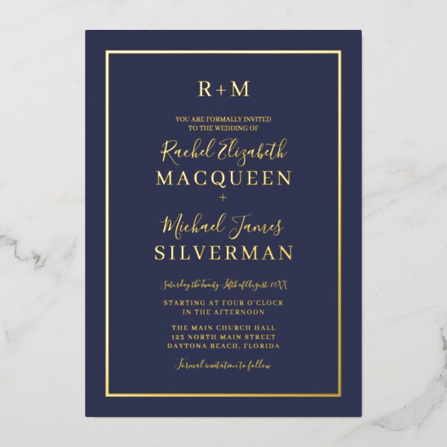 Elegant Simple Real Gold Border Navy Blue Wedding Foil Invitation (Front)