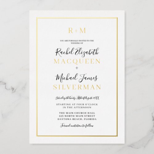 Elegant Simple Real Gold Border White Wedding Foil Invitation