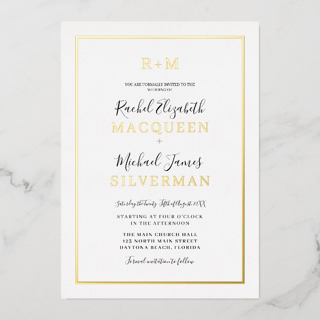 Elegant Simple Real Gold Border White Wedding Foil Invitation (Front)