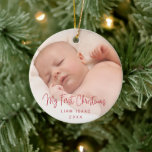 Elegant Simple Red Baby Photo My First Christmas Ceramic Ornament<br><div class="desc">Did you have a baby this year? Add a memory to your tree with this modern ceramic ornament featuring a simple design with with the message "My First Christmas" in an elegant thin red script along with your baby's name and the year over your favorite photo. Add the same photo...</div>