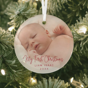 Elegant Simple Red Baby Photo My First Christmas Glass Ornament
