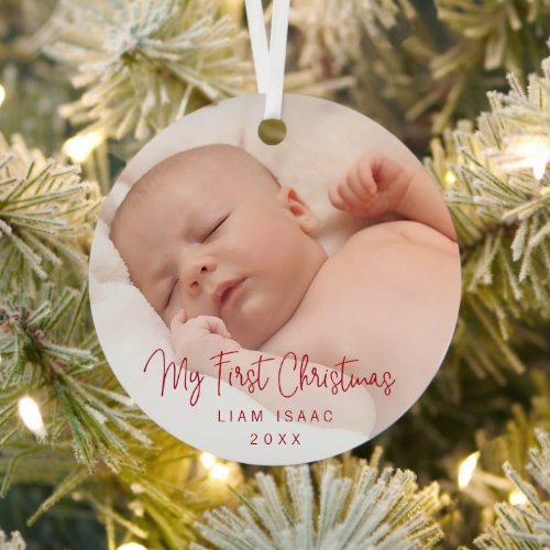 Elegant Simple Red Baby Photo My First Christmas Metal Ornament