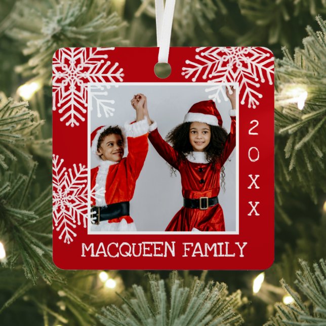 Elegant Simple Red White Snowflake Photo Christmas Metal Ornament (Insitu)