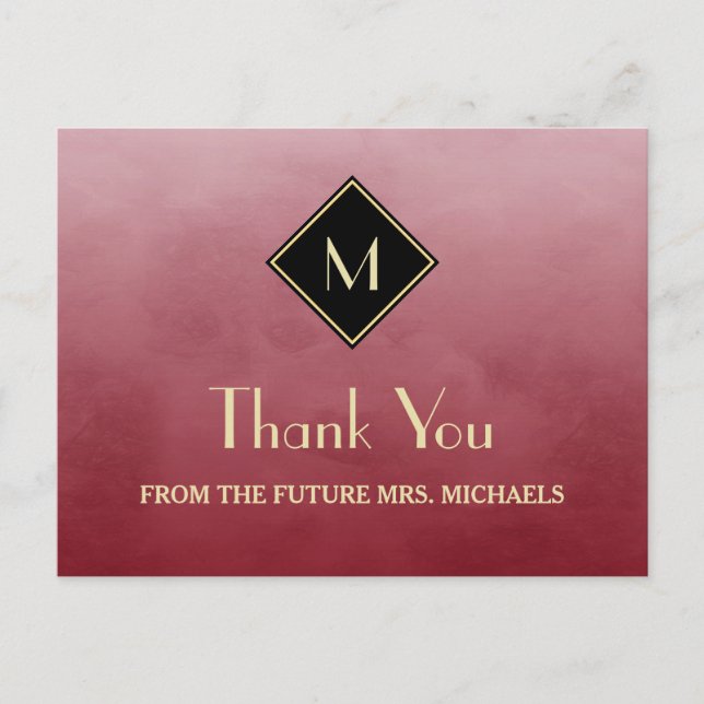 Elegant Simple Red With Gold Monogram Thank You Postcard (Front)
