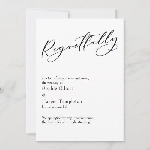 Elegant Simple Regretfully Canceled Wedding Card