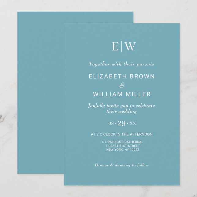 Elegant Simple Retro Blue with Monogram Wedding Invitation (Front/Back)