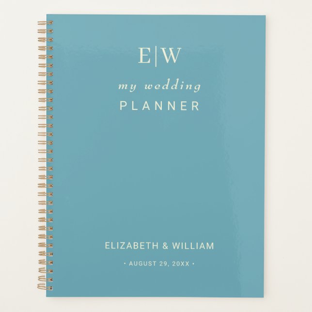 Elegant Simple Retro Blue with Monogram Wedding Planner (Front)