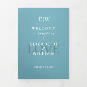 Elegant Simple Retro Blue with Monogram Wedding Tri-Fold Program