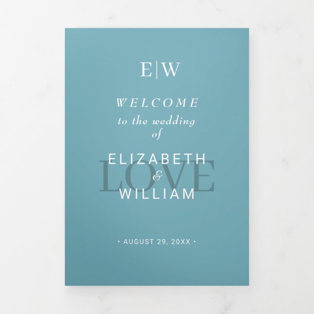 Elegant Simple Retro Blue with Monogram Wedding Tri-Fold Program (Cover)