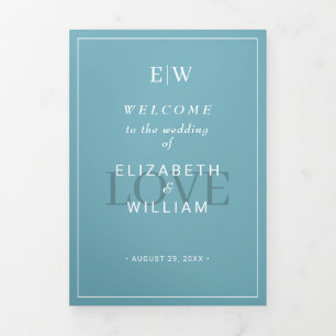 Elegant Simple Retro Blue with Monogram Wedding Tri-Fold Program