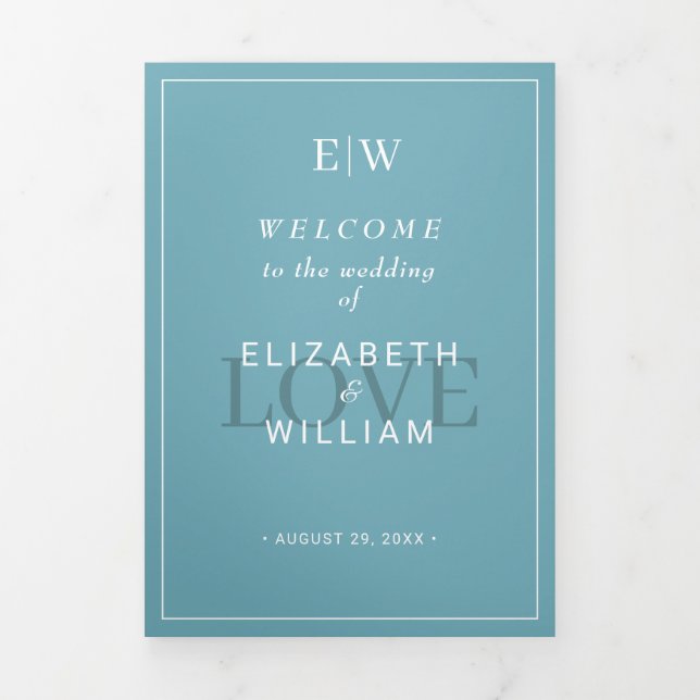 Elegant Simple Retro Blue with Monogram Wedding Tri-Fold Program (Cover)