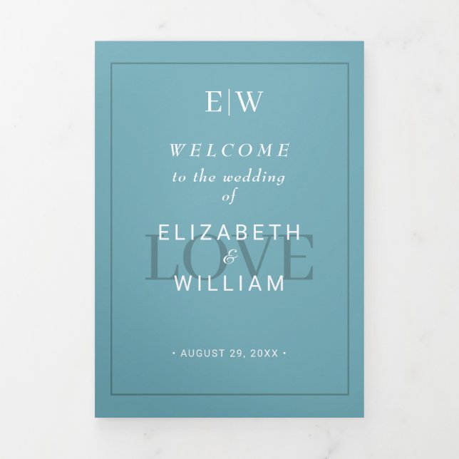 Elegant Simple Retro Blue with Monogram Wedding Tri-Fold Program (Cover)