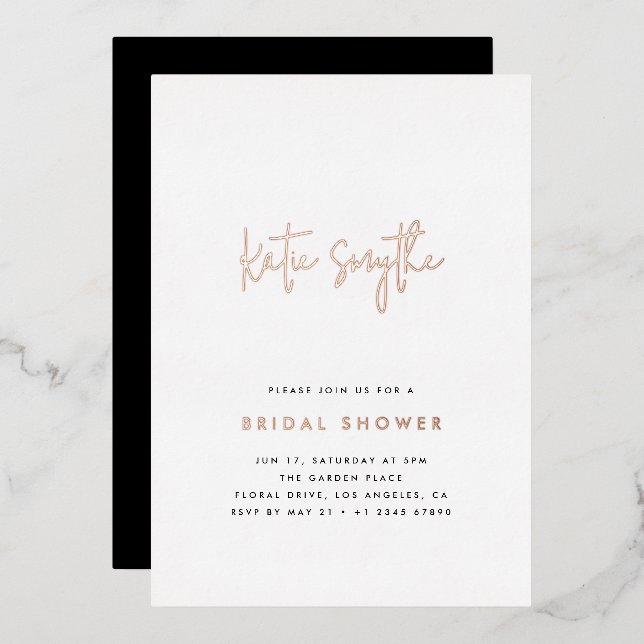 Elegant Simple Rose Gold & Black Bridal Shower  Foil Invitation (Front/Back)