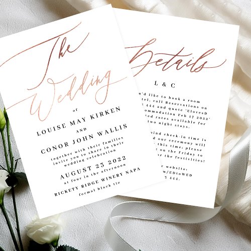 Elegant Simple Rose Gold Details on back Wedding Invitation