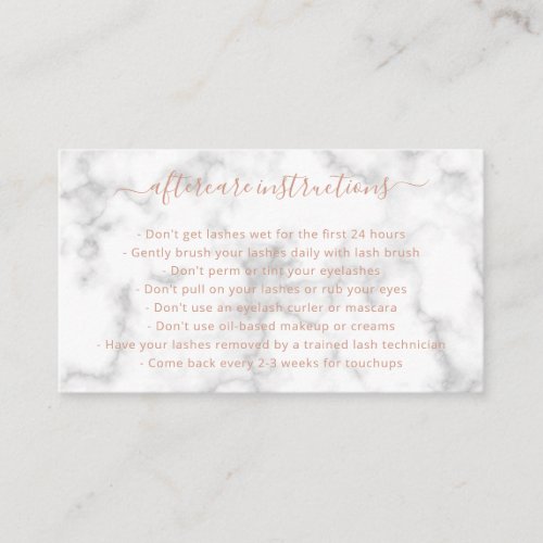 Elegant Simple Rose Gold Marble Lashes Aftercare Business Card