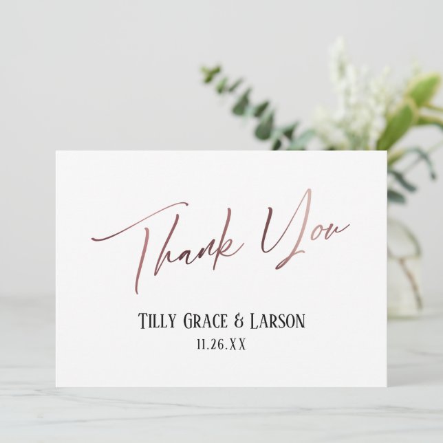 Elegant Simple Rose Gold Modern Handwriting Thank You Card (Standing Front)