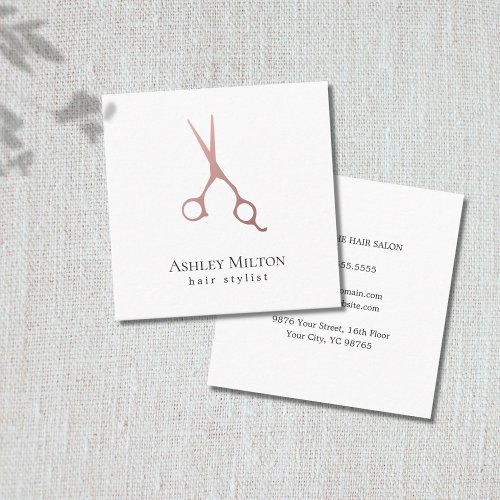 Elegant Simple Rose Gold Scissors Hair Stylist Square Business Card