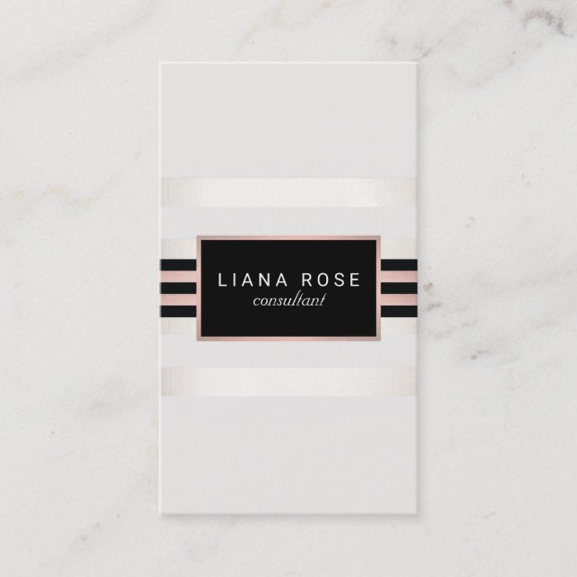 Elegant Simple Rose Gold Stripes Black Plaque Business Card (Front)