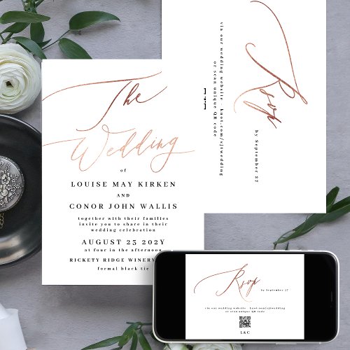 Elegant Simple Rose Gold with Rsvp QR Code Wedding Invitation