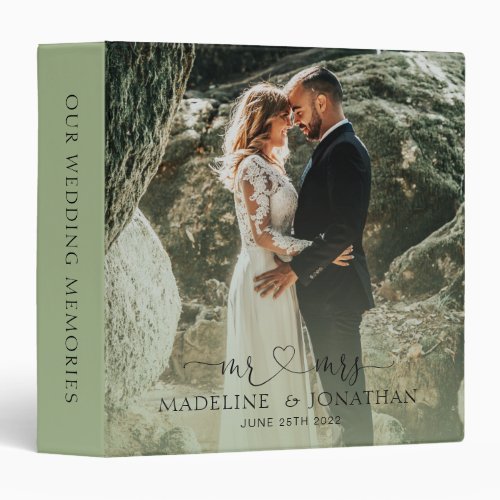 Elegant Simple Sage Green Mr Mrs Photo Wedding 3 Ring Binder