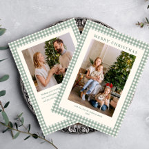 Elegant Simple Sage Green Plaid 2 Photo Christmas