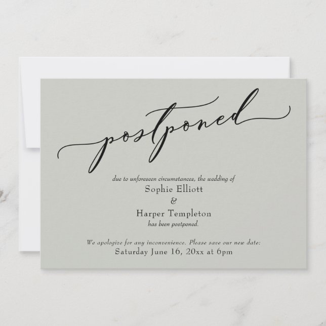 Elegant Simple Sage Green Postponed Wedding Card (Front)
