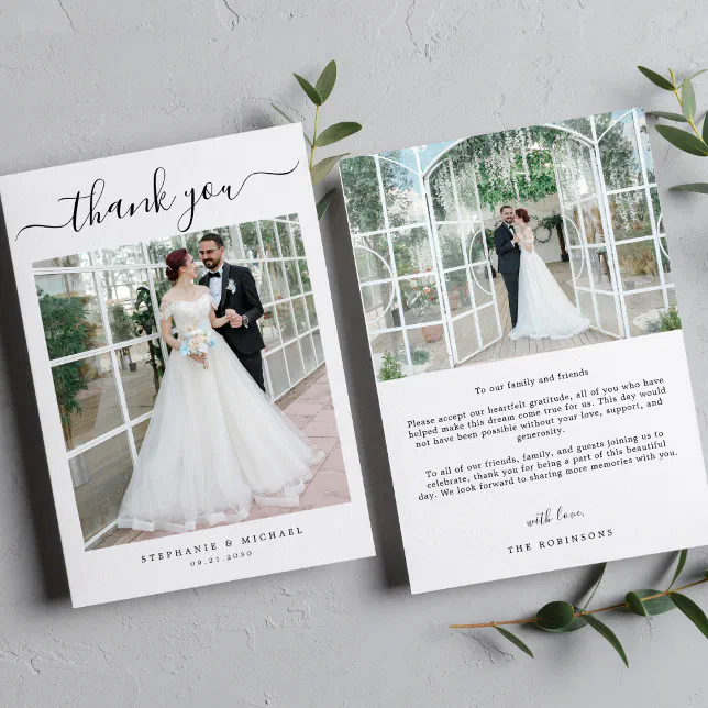 Elegant Simple Script 2 Photo Wedding Thank You Card | Zazzle
