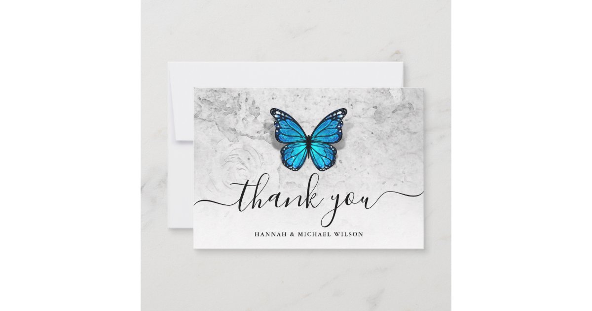 Elegant Simple Script Blue Butterfly Thank You Card | Zazzle
