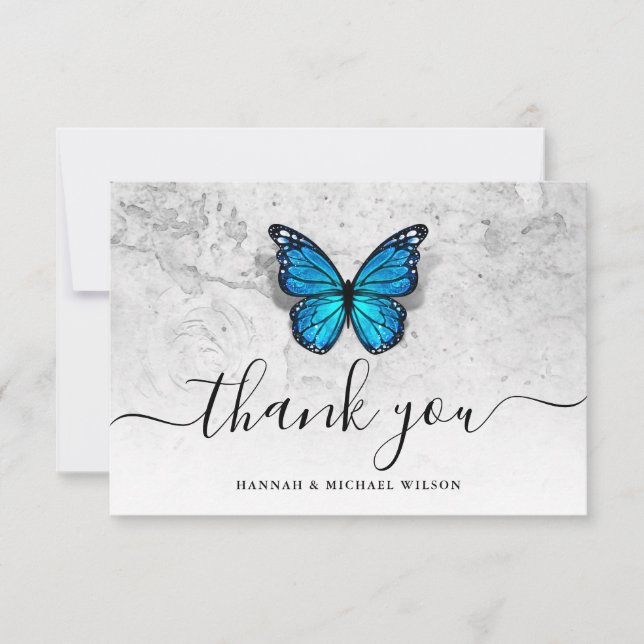 Elegant Simple Script Blue Butterfly Thank You Card (Front)